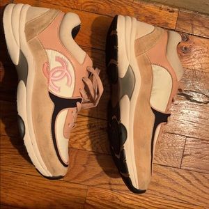 Pink black and white Chanel sneakers